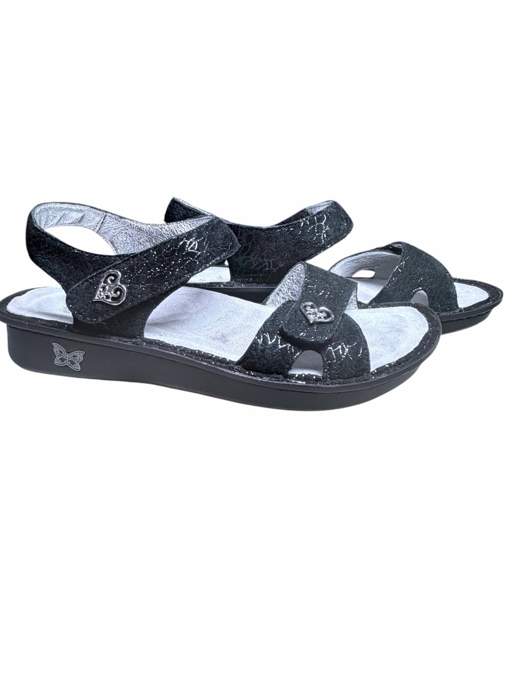 Alegria Vienna Waverly Black Crackle Leather Velcro Silver Heart Sandals NWOT